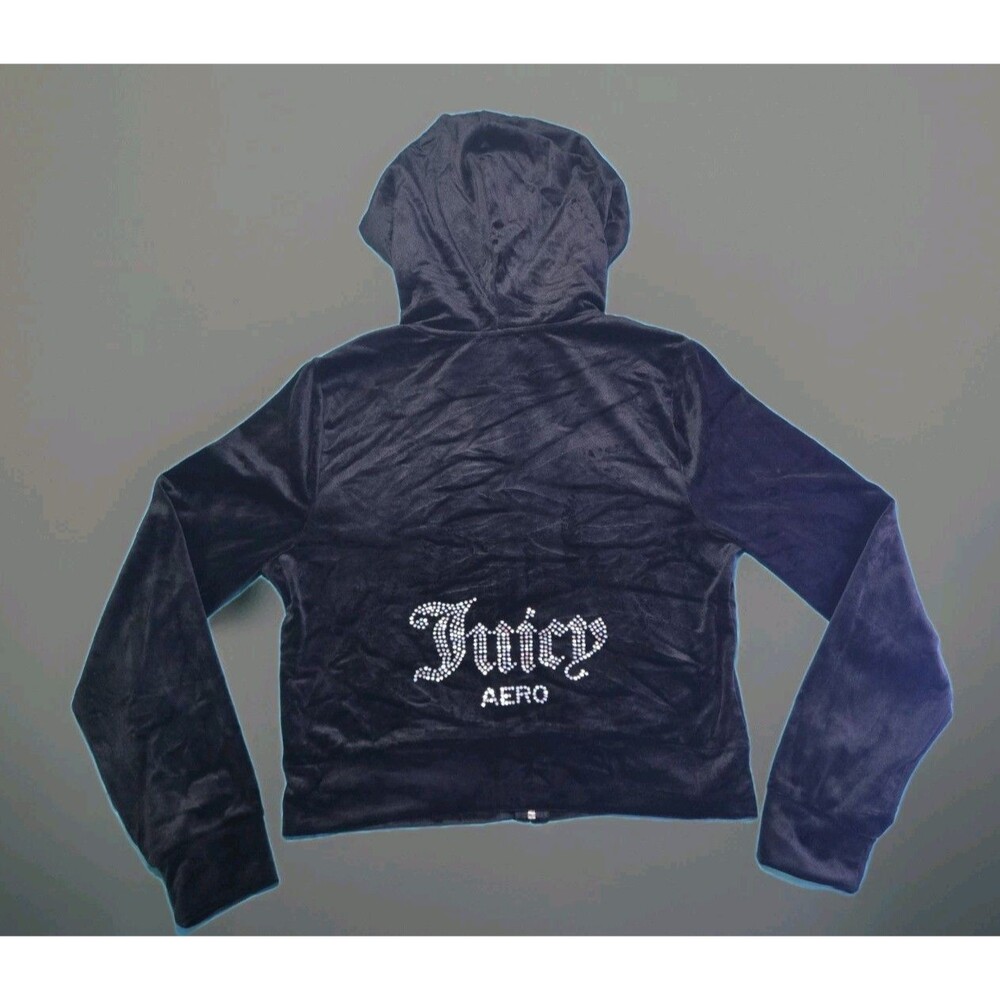 Juicy Couture Aeropostale Velour Zip Hoodie Black Rhinestone Logo Women’s Large